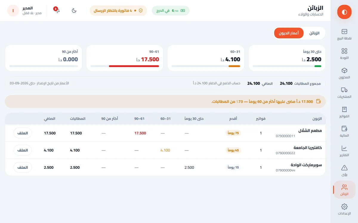 شاشة الزبائن: كشف حساب وأعمار ديون 30 و60 و90 يوماً